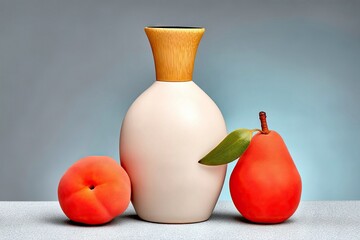 Peach, Pear, and Vase Composition on Tabletop