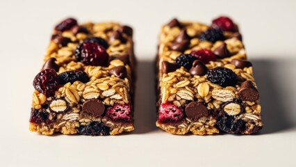 Two granola bars with visible ingredients like dried fruits and chocolate chips