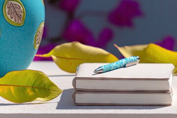 Pen on Notebooks with Leaves and Vase