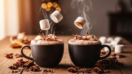 Two dark mugs of hot chocolate with marshmallows, steam, and spices on a wooden table