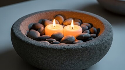 Two lit candles rest on dark stones in a weathered, stone bowl, casting a warm glow
