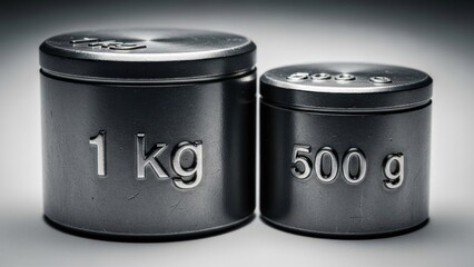 Two metal weights, labeled with mass units, sit side-by-side against a gradient background