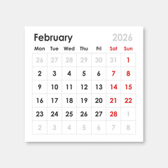 Calendar february 2026 icon in flat style. Planner sticker vector illustration on isolated background. Calender sign business concept.