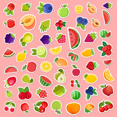 Natural tropical fruits icon set collection in flat sticker style. Tropical plant vector illustration on isolated background. Healthy food sign business concept.