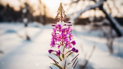 Vibrant purple flower with snowy accents and sunlit background