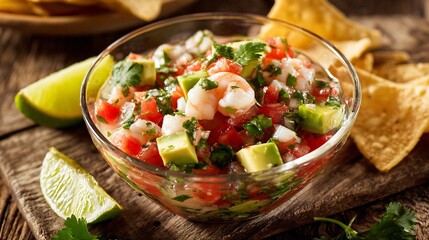 Authentic Mexican ceviche shrimp tomatoes lime avocado and cilantro served in a glass bowl with tortilla chips on the side