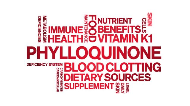 Phylloquinone Vitamin K1 animated word cloud-text design animation tag kinetic typography seamless loop.