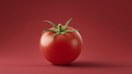A single ripe red tomato with a green stem centered against a matching red background, illustrating freshness and healthy eating.