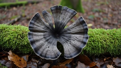 Wide, charcoal-hued fungus with petal-like folds sits atop a mossy log in a forest