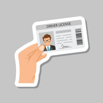 Hand holding driver license sticker icon in flat style. Identification document vector illustration on isolated background. Profile card sign business concept.