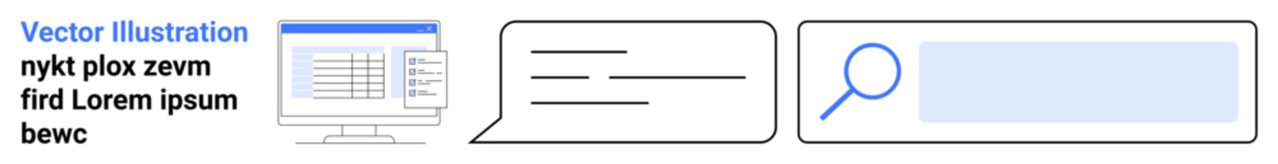 Obraz premium Online search, user communication, tech interface, web navigation, digital collaboration, data query. Features a search bar, computer screen and chat bubbles. Online search and user communication