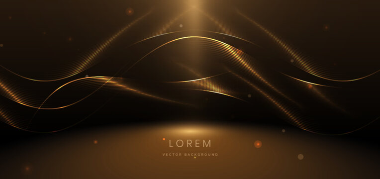 Fototapeta Scene glowing gold wave lines on dark  background with lighting effect glitter and sparkle. Luxury design style.