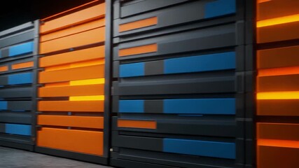 Modern Stylish Data Center with Brightly Colored Server Racks in Dark Environment