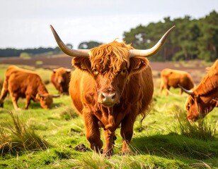 A majestic, long-horned bovine stares directly at the viewer with others grazing in the green pasture, amidst trees