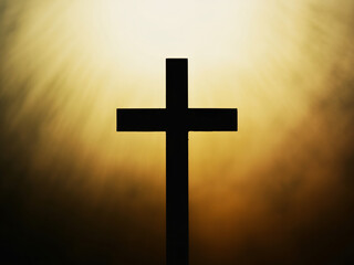 Dramatic silhouette of Christian cross against a golden, heavenly light evoking faith, hope, and spiritual reflection for religious inspiration