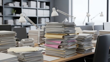 Fototapeta premium Overloaded office desk piled high with stacks of paperwork and files