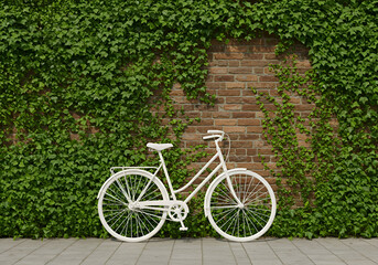 Fototapeta premium A white bicycle rests against a brick wall covered in lush green ivy. A simple, vintage-style bike stands still in a charming outdoor setting.