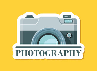 Camera sticker icon in flat style. Photography vector illustration on isolated background. Photo sign business concept.