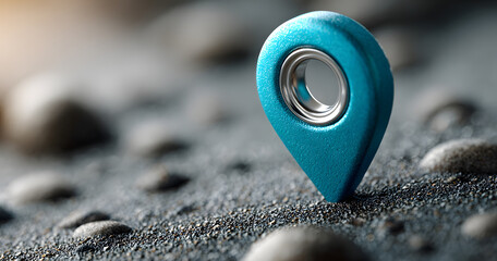 Blue location symbol pin icon sign or navigation locator map travel gps direction pointer and marker place position point design element on route graphic road mark destination background. 3D render.