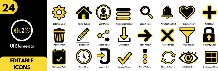 Collection of 24 Editable User Interface (UI) Elements Icons for Web and Mobile Design Projects