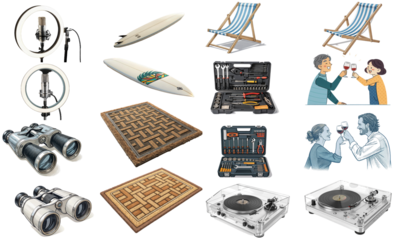 A collection of various items including ring lights, surfboards, deck chairs, toolkits, binoculars, doormats, people toasting, and turntables.