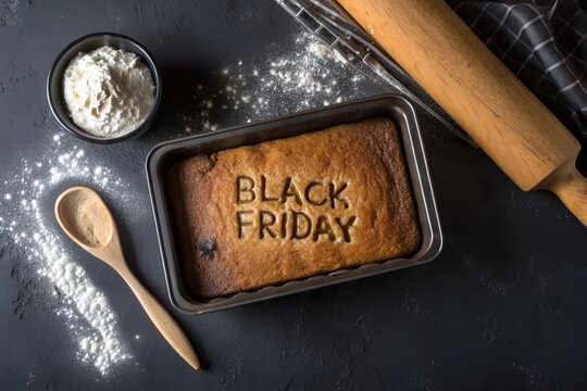 Black friday baked goods concept with a loaf of bread or cake inscribed with the words black friday surrounded by baking ingredients and a rolling pin overhead shot