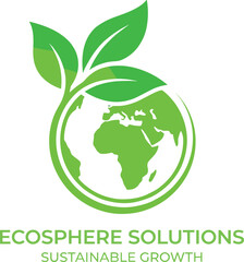Green Earth Globe with Three Growing Leaves Logo, Ecosphere Solutions for Sustainable Growth, Nature, Environment, and Ecology Concept, Renewable Energy Branding, Flat Vector Illustration,