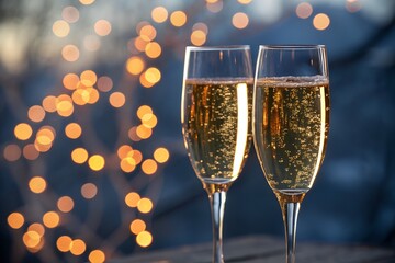 Two elegant champagne flutes filled with bubbly golden champagne stand side by side against a softly blurred background of warm bokeh lights perfect for celebrations and special occasions