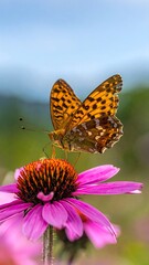 Obraz premium Close-up of a butterfly with ornate wing patterns on a purple coneflower