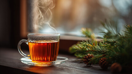 Cozy winter tea: Steaming glass cup of black tea with pine branches and cones on a rustic windowsill, capturing holiday warmth