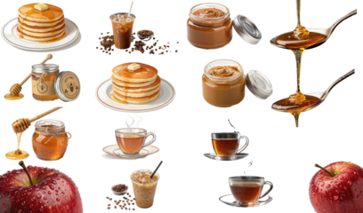 An assortment of breakfast foods and drinks, including pancakes, coffee, honey, tea, and apples.