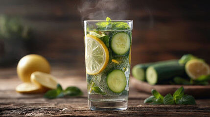 Refreshing detox water: cucumber, lemon, and mint in a glass with steam, on a rustic wooden table