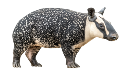 A malayan tapir standing in profile with a black and white spotted coat and a white head and neck