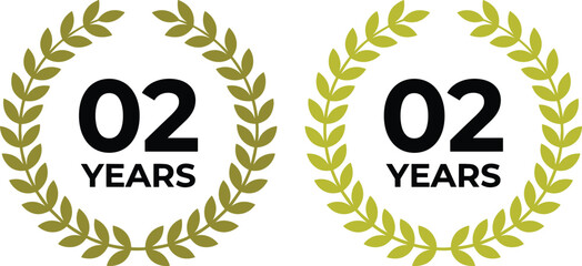 Two Years Anniversary Laurel Wreath Badge, Achievement Celebration Icon, 02 Years Logo Design in Black and Olive Green, Business Milestones and Award Recognition, Flat Vector Illustration,