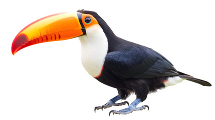 Fototapeta premium A full body shot of a toucan with a large orange beak standing against a black background