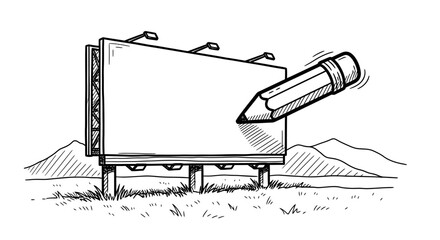 A dynamic hand-drawn illustration depicts a giant pencil actively writing on a blank outdoor billboard, symbolizing creative advertising, new ideas, and impactful content creation.
