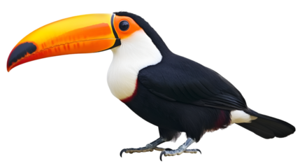 A toucan with a large orange beak and black and white feathers standing on a branch isolated