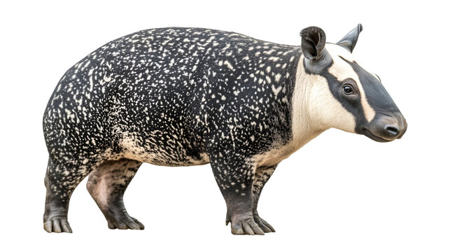 A malayan tapir standing in profile with a black and white spotted coat and a white head and neck