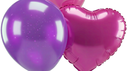 Purple and Pink Balloons Heart Shape and Round Shape Floating Together Isolated on a Clean White Background for Festive Celebrations and Party Decorations