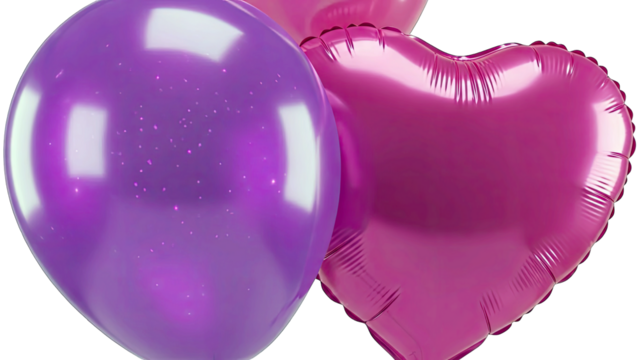Purple and Pink Balloons Heart Shape and Round Shape Floating Together Isolated on a Clean White Background for Festive Celebrations and Party Decorations