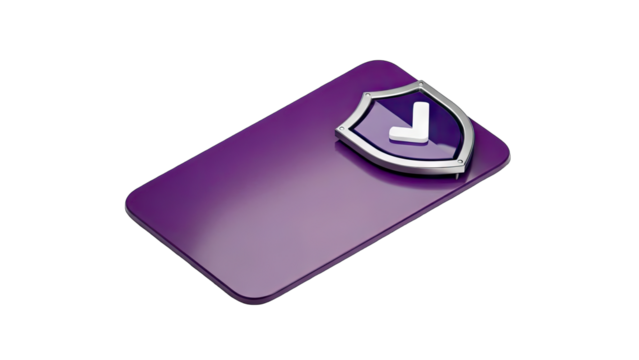 Purple Smartphone Displaying a Metallic Shield Icon Symbolizing Digital Security and Data Protection on a Clean White Background with Subtle Lighting