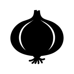 A simple black vector illustration of a bulb onion with roots