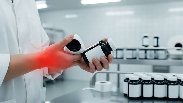 Lab worker's wrist pain handling medicine bottles in a sterile environment, occupational injury concept