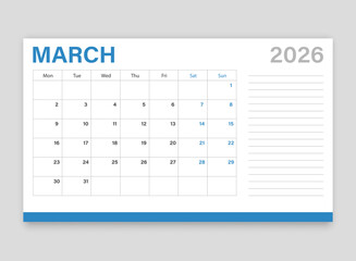 Calendar march 2026 icon in flat style. Planner vector illustration on isolated background. Calender sign business concept.