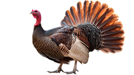 A full body shot of a turkey with its feathers fanned out against a black background in a studio shot