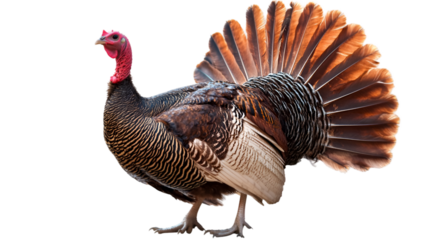 A full body shot of a turkey with its feathers fanned out against a black background in a studio shot