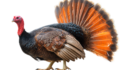 A full body shot of a turkey displaying its feathers with a red head and dark colored body feathers