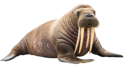 A walrus lying down with its tusks visible against a black background in a studio shot setting