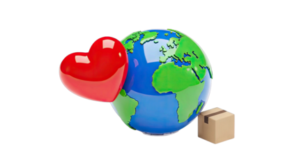Red Heart Embracing Earth Globe with Cardboard Parcel Symbolizing Love and Global Delivery Services on Transparent Background