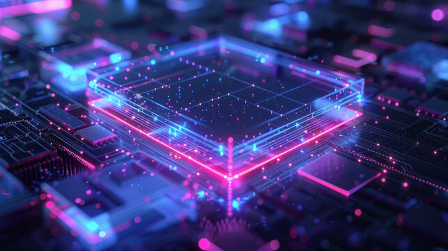 Minimalist flat lay of a futuristic glowing processor chip on a dark circuit board with neon blue and pink geometric light lines